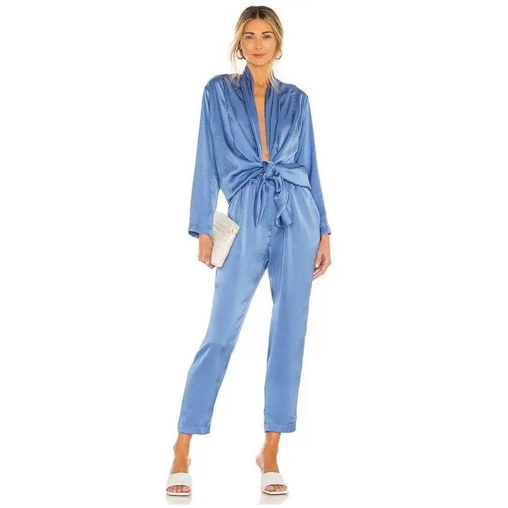 OVERLOVER Stina TEAL Blue Satin Wrap Front Tie Waist Long Sleeve Jumpsuit